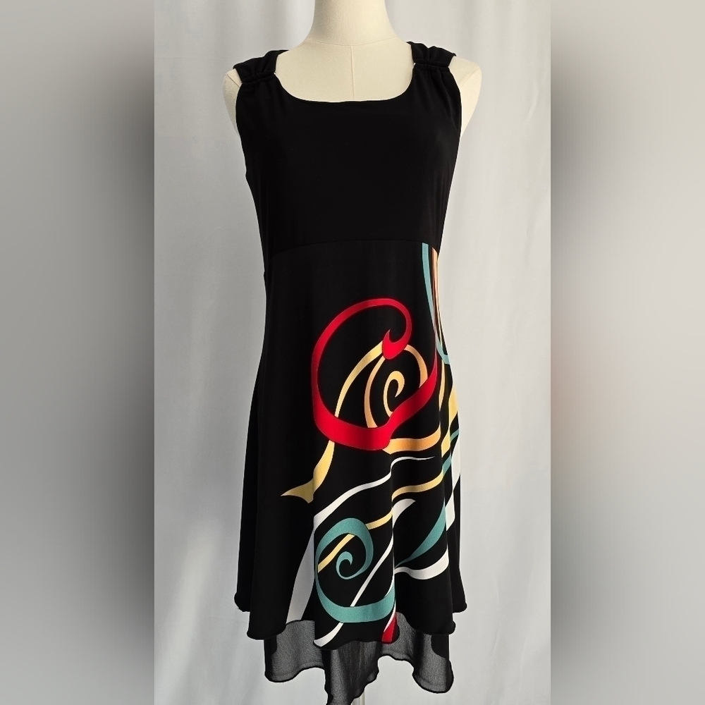 Libra Sleeveless Black Dress Layered Multi-Colored Skirt & Shoulder Detail Sz. S
